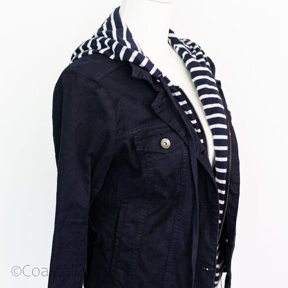 Splendid Navy Hooded Denim Jacket Striped zip-up M, Casual Coastal Preppy - Picture 3 of 9